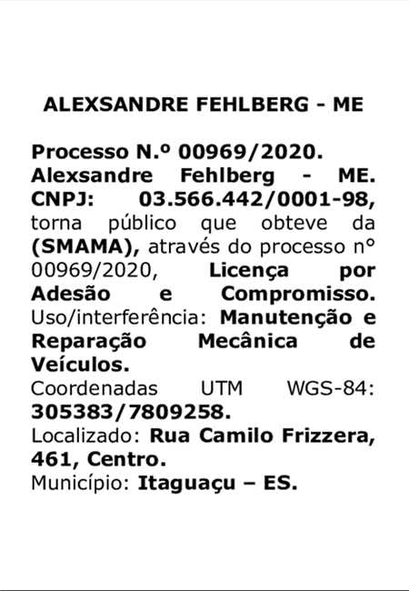 Licença Ambiental Obtida - Alexsandre Fehlberg - ME